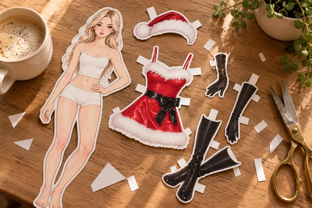 Printed paper doll pieces and a red Santa dress laid out on a wooden desk with scissors and coffee